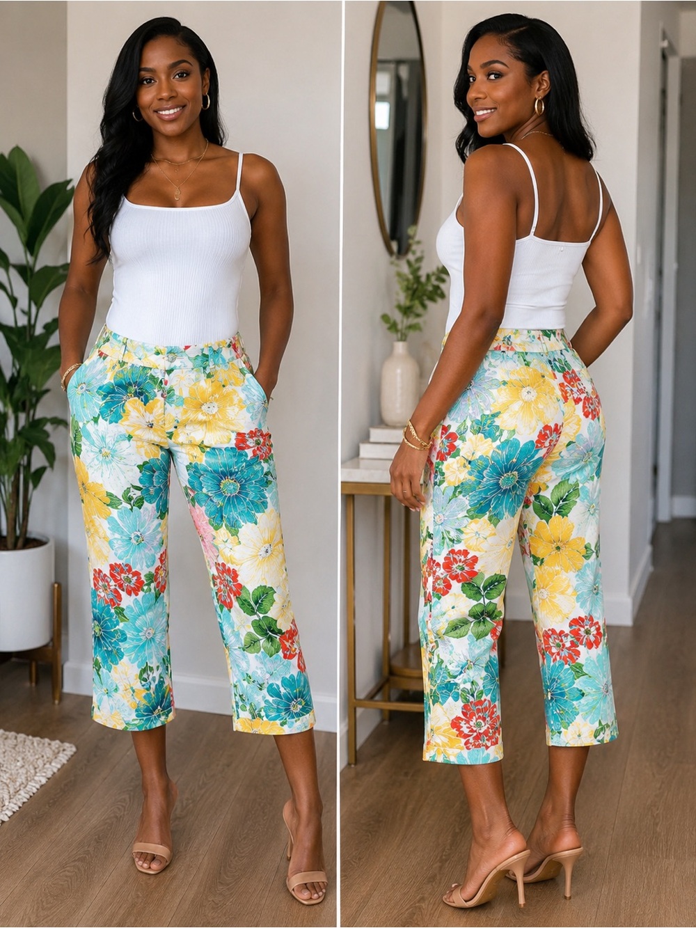 Burberry Multicolor Floral Cropped Trousers — Yellow, Teal, Coral & Cream